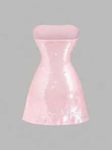 SHEIN Sweetro Spring/Summer New Design Sense High Street Elegant Sexy Lady Slim Fit Satin Shiny Bow Patchwork Beaded Comfortable Elegant Versatile Strapless Dress - Pink - View 6