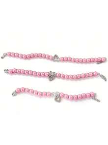 Pink Pearl Necklace With Heart-Shaped Diamond Chain, Suitable For Pets To Wear On A Daily Basis - Pink - View 4