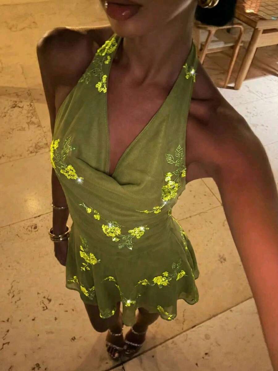 Aloruh 女士春夏新款绿色垂褶领摆裙连衣裙，迷你连衣裙，魅力派对亮片连衣裙，约会连衣裙，下午茶连衣裙