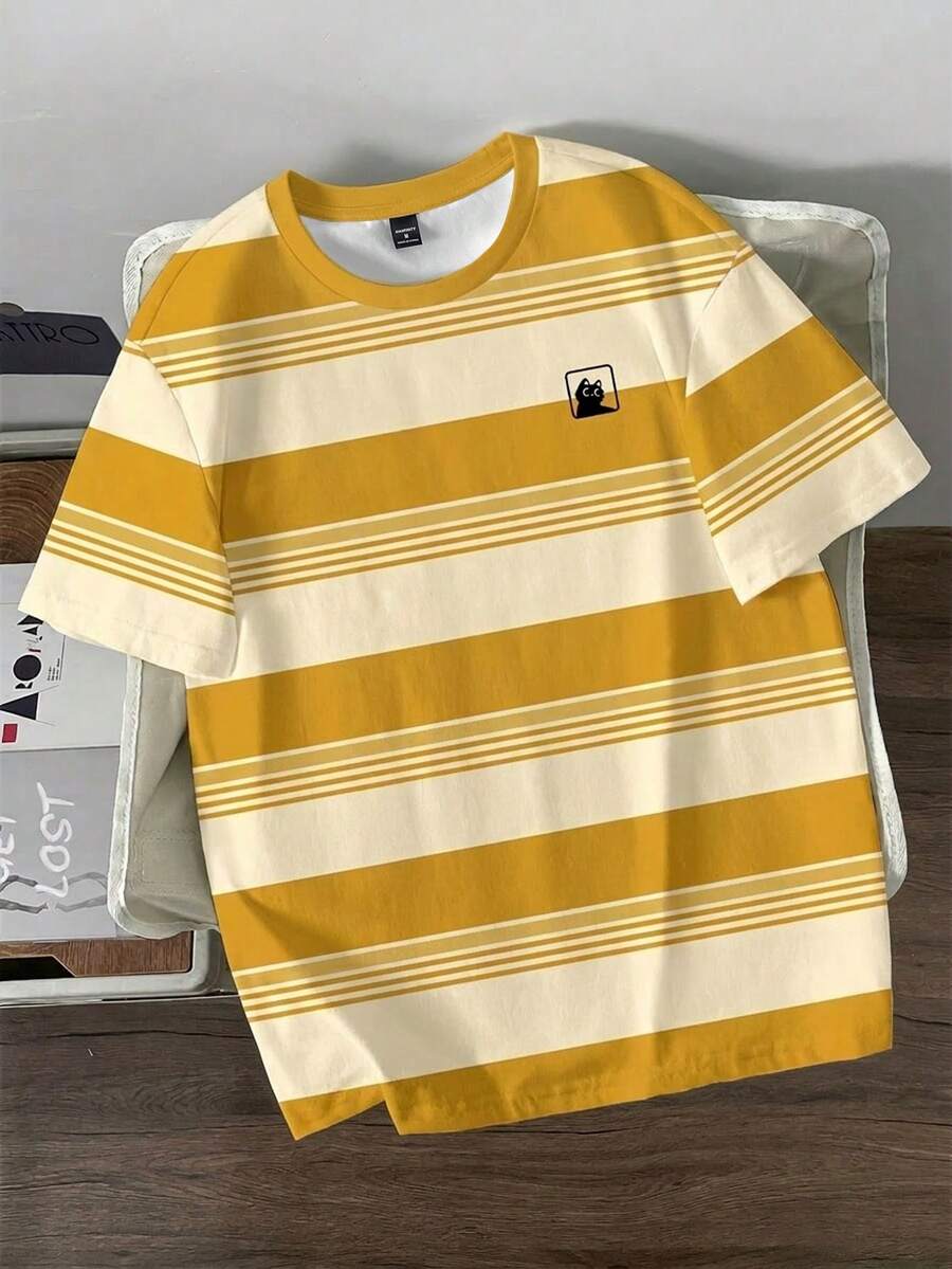 Manfinity Joysei Men's Patchwork Striped Animal Print Knit Fabric Round Neck Short T-Shirt, Suitable For Summer Sports & Casual Wear - Yellow - View 1