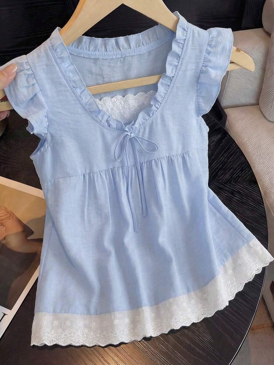 GlowEve Casual Cute Lace Patchwork Hem & Flutter Sleeve Solid Color Blouse For Women, Blue - Baby Blue - View 1