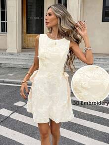 Women's Elegant 3D Floral Tie Sleeveless Midi Dress, Summer ,Summer,Spring, Party , Wedding , Elegant Dresses For Women ,Casual,Vacation,Formal,Business,Flower,White ,Yellow,Summer Dresses For Women - Apricot - View 3