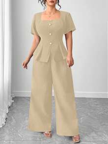 Elenzga 大码女装两件套：纹理短袖上衣和直筒裤 - 卡其色 - 查看 5