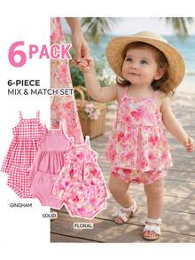 SHEIN Playful Pals 3套嬰幼女童可愛細肩帶背心上衣&短褲套裝 白色夏季度假節日 碎花格紋素色荷葉邊 聚酯纖維套裝 - 彩色 - 查看 1