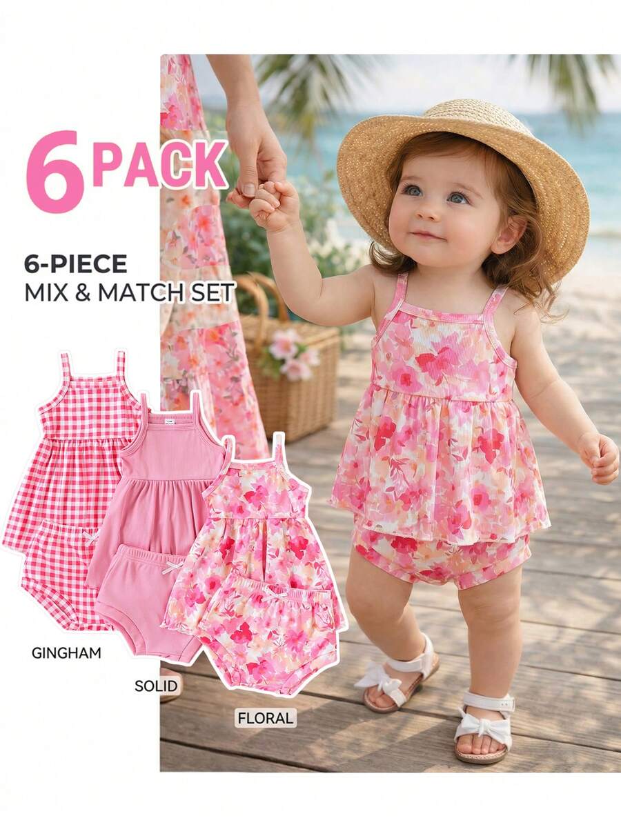 SHEIN Playful Pals 3套嬰幼女童可愛細肩帶背心上衣&短褲套裝 白色夏季度假節日 碎花格紋素色荷葉邊 聚酯纖維套裝 - 彩色 - 查看 1