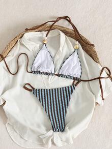 Swim Vcay 女士沙滩音乐节春夏条纹针织提花串珠性感露背吊带可爱比基尼套装 - 彩色 - 查看 2