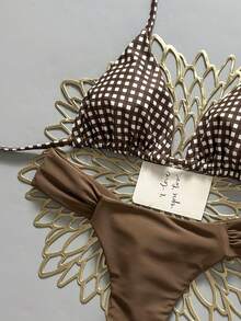 Swim Mod Summer Women's 2pcs Khaki Plaid Halter Top & Ruched Solid Color Bikini Bottom Swimwear Set, Beach Vacation Bikini Alt Woman S Bikini Sets Brown Checkered Bikini Ruched Bikini Bottom Triangle Bikini Top Bikinis Set For Women - Brown - View 4