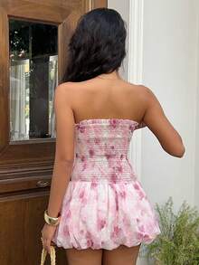 Sunnyshic Blush Pink Floral Summer Boho Cute Vacation Holiday Retro Elegant Slim Fit Strapless Casual Dress, Design Sense High Street Ruffled Hem Versatile - Baby Pink - View 2