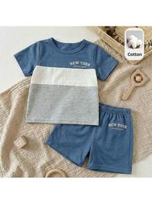 Loomiva 2pcs Baby Boy Letter Print Contrast Color Round Neck Short Sleeve Top And Elastic Waist Shorts Set,Kids - Multicolor - View 2
