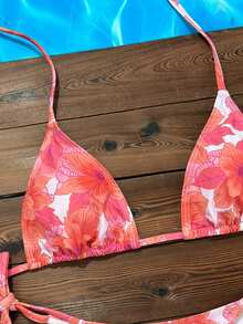 Swim Mod 2026春夏女士吊带露背橙粉色随机碎花甜美可爱侧系带比基尼两件套泳衣粉色碎花泳衣碎花比基尼套装露背比基尼两件套比基尼侧系带比基尼套装女士比基尼套装碎花印花比基尼碎花图案 - 彩色 - 查看 5