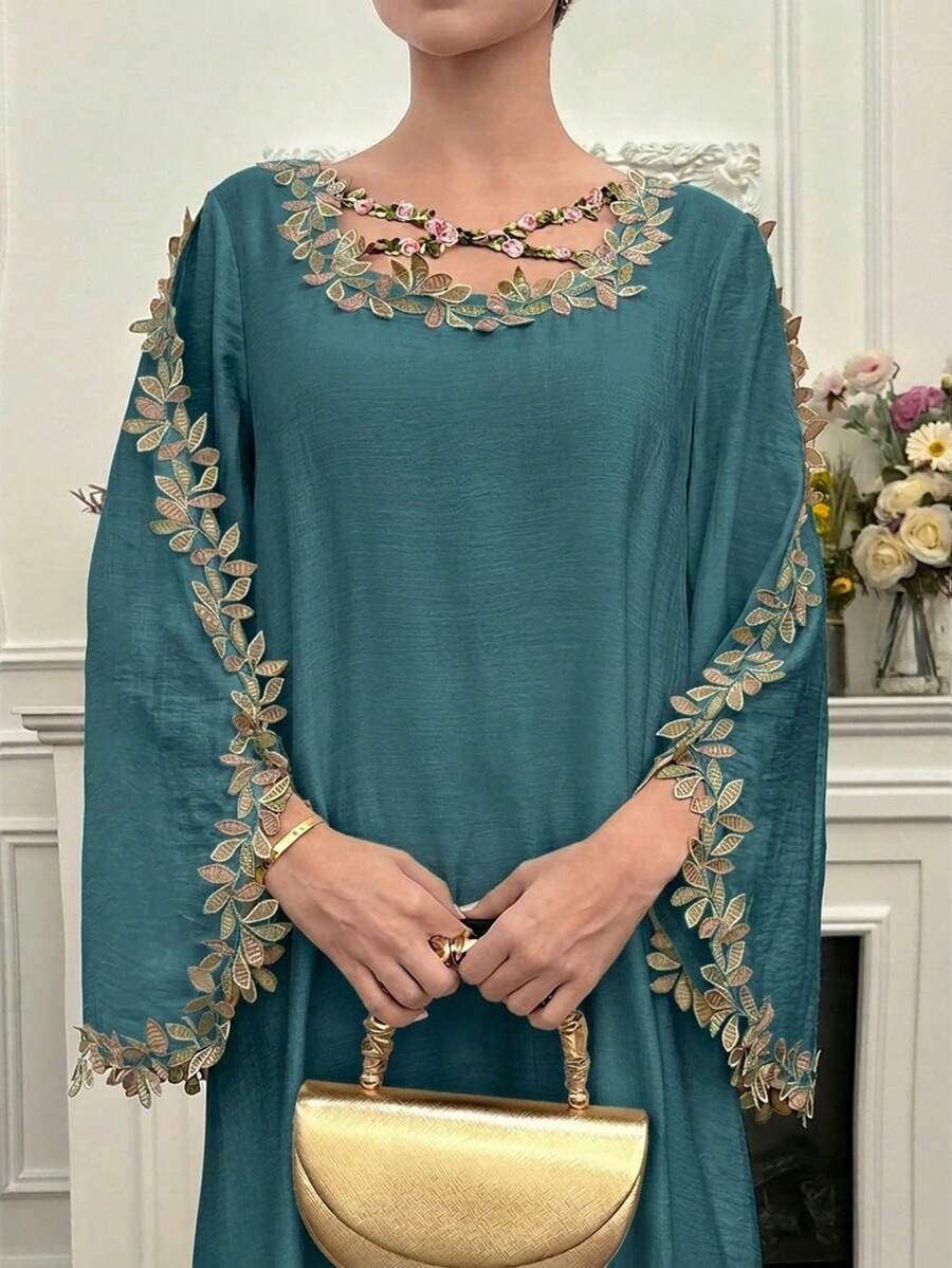Yasmyna Women's Floral Embroidery Crossed Neck Ruffle Hem Long Sleeve Arabic Style Dress, Elegant For Parties And Formal Events - Blue - View 1