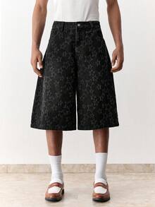 SWAVVY Men's Casual Star Jacquard Denim Shorts, Summer - Black - View 1