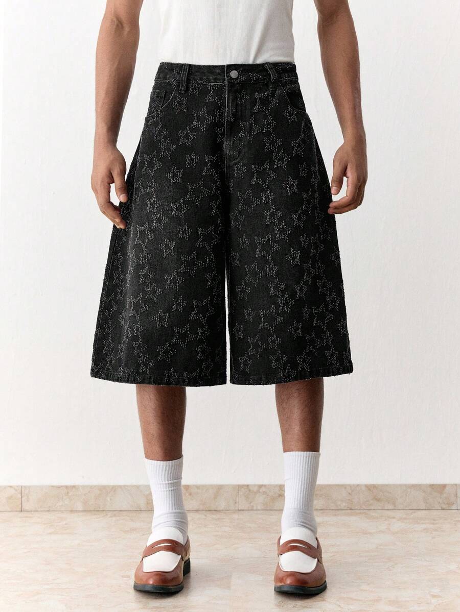 SWAVVY Men's Casual Star Jacquard Denim Shorts, Summer - Black - View 1