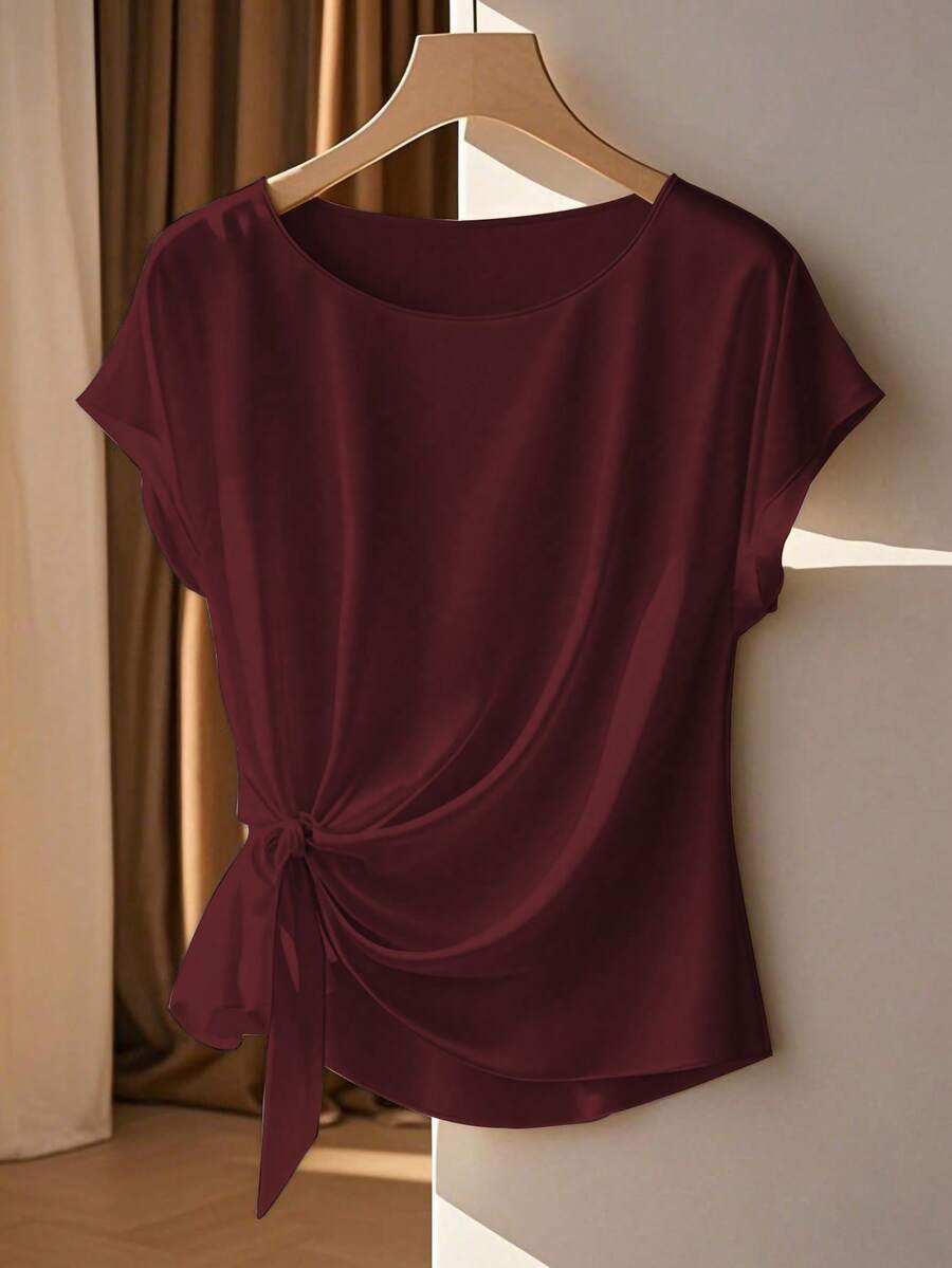Franclia Blus Elegan Lengan Pendek Leher Bulat dengan Hiasan Ruffle dan Pita, Warna Khaki, Musim Semi/Panas untuk Wanita - Burgundy - View 1