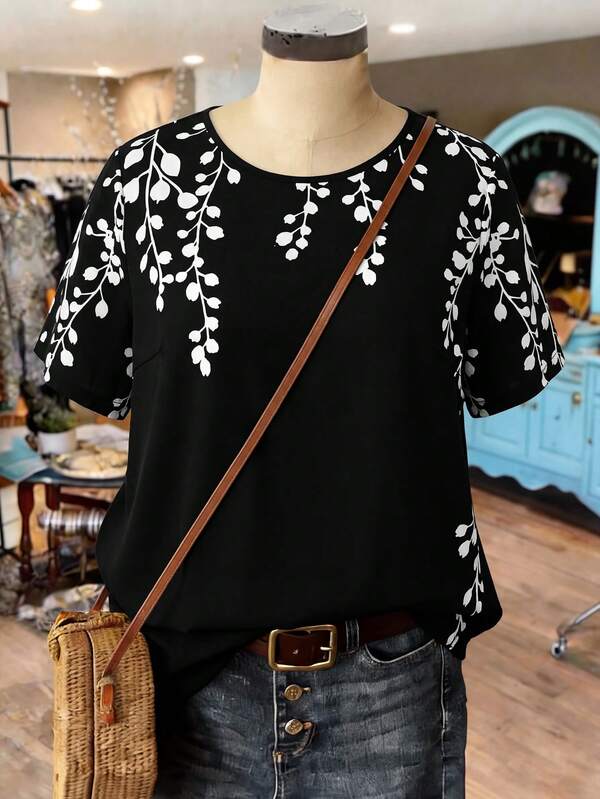 Linhara Camisa de manga corta con estampado de plantas para mujer de talla grande para vacaciones