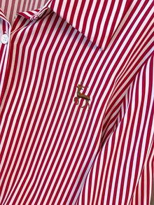 SHEIN CURVE+ 大码女式条纹单排扣休闲百搭日常衬衫 - 紅色 - 查看 5