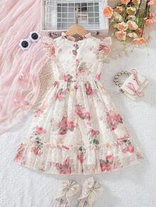 Genkimix Kids Đầm không tay xếp ly in hoa hồng mùa xuân/hè 2025 cho bé gái, khóa kéo phía sau, kiểu dáng công chúa dễ thương và ngọt ngào, đa năng cho mặc hàng ngày. - Hồng - Xem 2