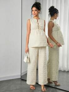 SHEIN Woven Clover Jacquard Elegant Comfortable Maternity Tie-Front Top And Straight Leg Pants 2 Pieces Set - Multicolor - View 4