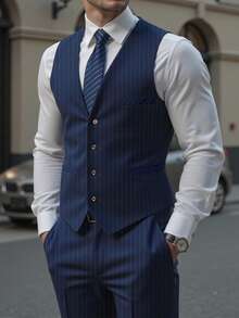 Manfinity Mode Men's Fashion Striped Print Suit Vest And Pants Set - Navy Blue - View 3