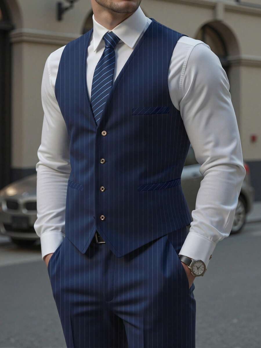 Manfinity Mode 男士时尚条纹印花西装背心和裤子套装 - 藏蓝色 - 查看 1