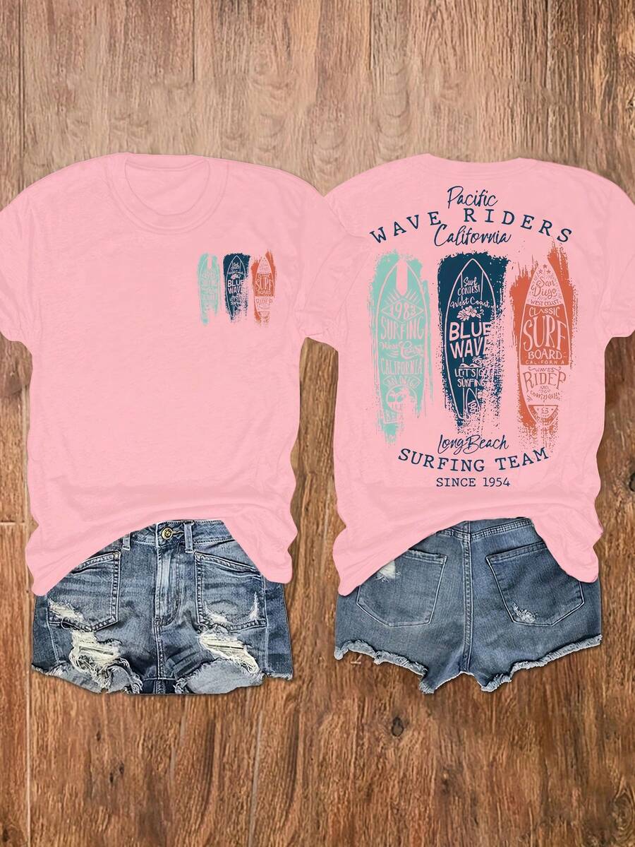 Women's Casual Letter Print Round Neck T-Shirt, Summer - Baby Pink - View 1