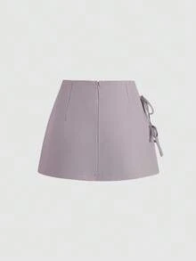Sweetra Rok Mini Wanita Model A-Line Seksi dengan Pita dan Belahan Samping untuk Musim Semi/Panas - Purple - View 2