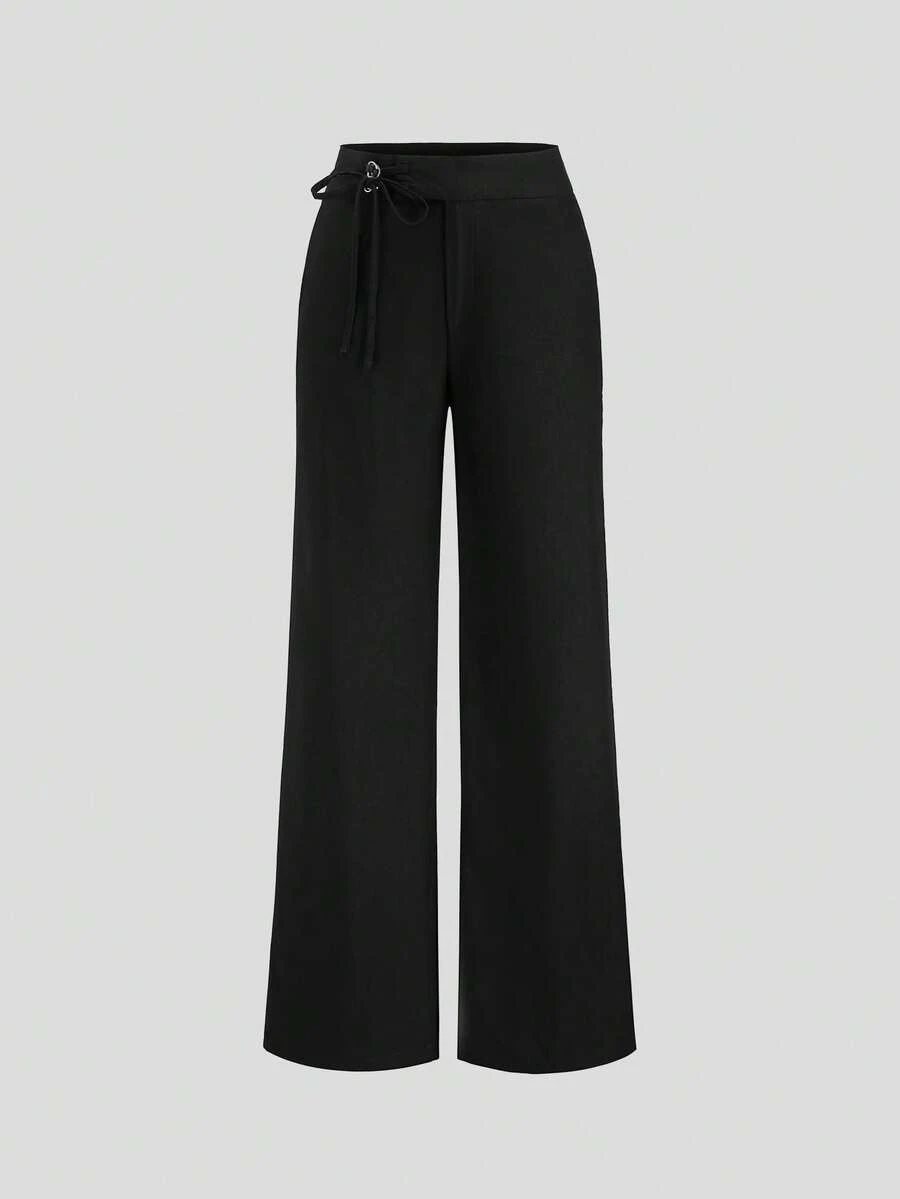 Sweetra Women's Slim Fit Elegant Office Wear Wide Leg Pants, Spring/Summer - Black - View 1