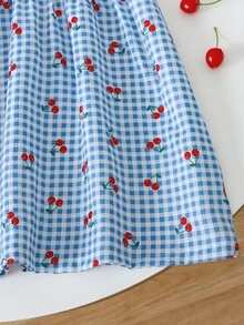 SHEIN Genkimix Kids 女童蝴蝶结领泡泡袖装饰可爱时尚夏季连衣裙 - 藍色 - 查看 5