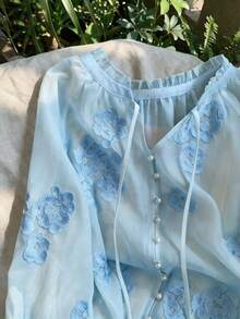 Airaco Women's Floral Embroidery Raglan Sleeve Single-Breasted Shirt - Baby Blue - View 3