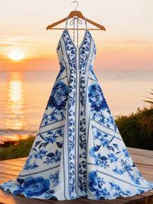 GlowEve Women's Elegant Embroidered Waist Sleeveless Short Dress, Summer - Blue and White - View 1