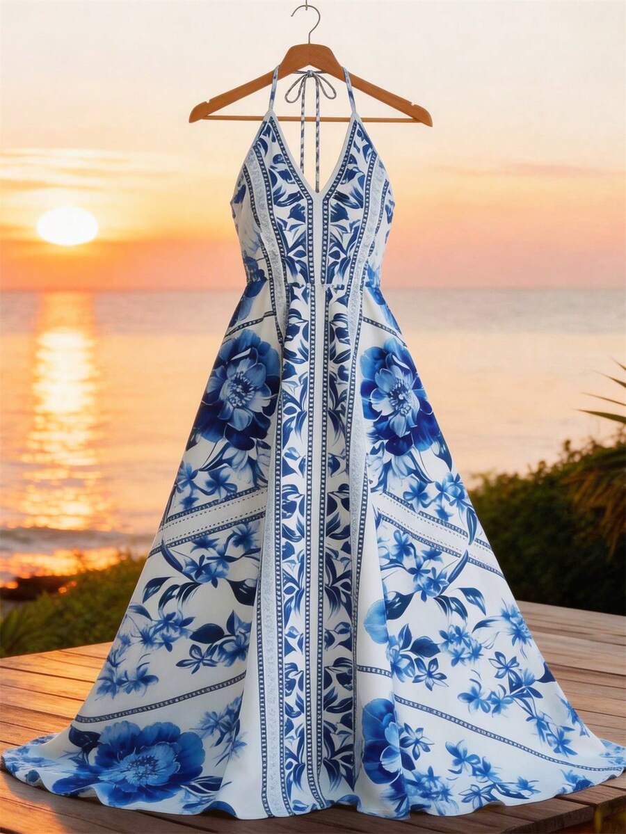 GlowEve Women's Elegant Embroidered Waist Sleeveless Short Dress, Summer - Blue and White - View 1