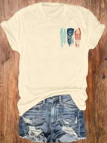 EMERY ROSE Women's Letter Print Short Sleeve Casual Round Neck T-Shirt - Khaki - View 2