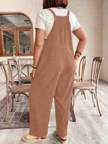 Breezaya Plus Size Women Solid Color Pocket Casual Everyday Wear Bib Overall Pants - Pink - View 2