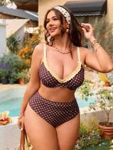 Swim Mod Bộ bikini cúp ngực mềm mại kiểu châu Âu và Mỹ cỡ lớn với gọng thép, họa tiết chấm bi cổ điển. - màu nâu - Xem 1