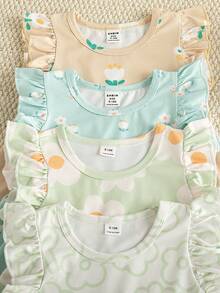 Souflis Souflis 4件套法式碎花印花女婴/幼儿可爱花朵短袖荷叶边连衣裙，夏季 - 彩色 - 查看 5