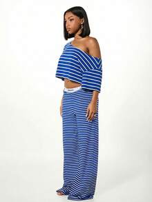 SUMWON WOMEN 女士条纹单肩露肩休闲上衣，宽松版型，罗纹针织长袖衬衫 - 藍色 - 查看 4