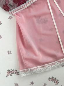 Elamini Áo thun nữ Dopamine cổ tim phối ren hoa hồng ngọt ngào lãng mạn, kiểu dáng nghỉ mát, mùa xuân/hè. - Nhiều màu - Xem 4