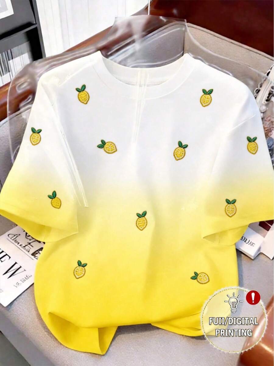 Franclia Camiseta de mujer de cuello redondo con estampado de limón degradado - Multicolor - Ver 1