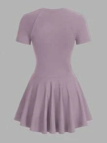 CourtClass CourtClass Women's Solid Color Round Neck Casual Daily Sports Dress And Shorts Set Pirple Dress For Women - Purple - View 8