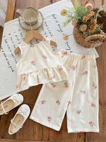 LMoss Kids 2 Stücke Baby Mädchen Ditsy Blumen Gestrickter Weste und Leggings Set - Verschiedenfarbig - Übersicht 2