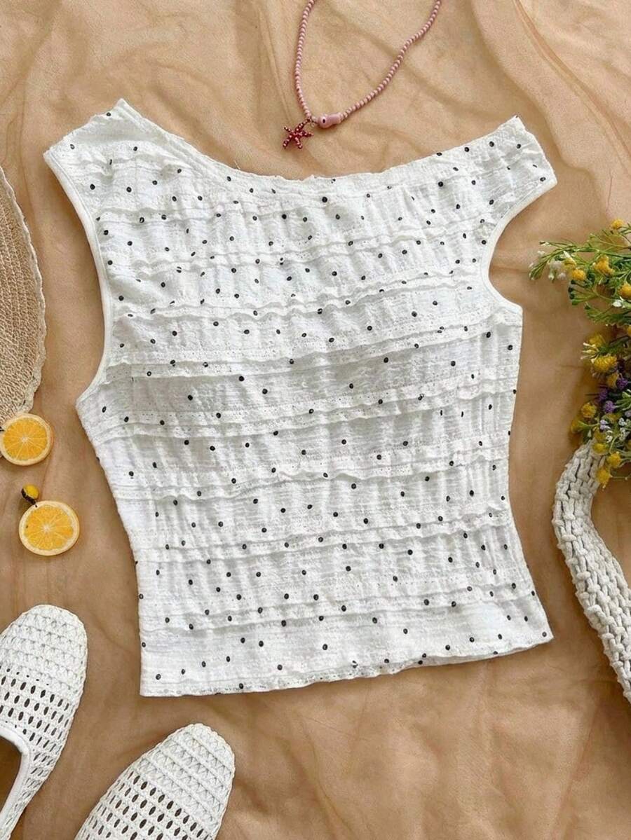 Áo hai dây chấm bi dáng rộng, thoải mái, tối giản, họa tiết chấm bi, vai lệch, dành cho bé gái tuổi teen. - trắng - Xem 1