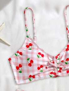 SHEIN 少女樱桃印花修身比基尼泳装套装，夏季海滩度假 - 紅色 - 查看 4