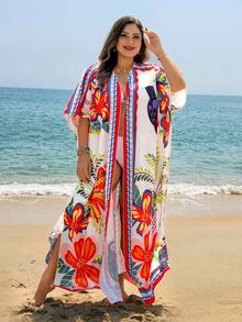 Swim Lushoire Plus Size Women Leaf Print Split Design Casual Vacation Kimono Robe - Multicolor - View 4