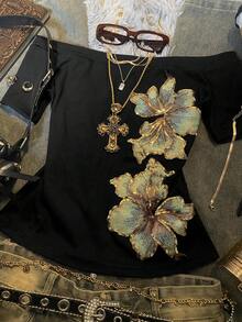 SHEIN 优雅复古亮片刺绣露肩女式T恤，夏季风格，Y2K风格，耐用设计，适合日常通勤、音乐节、派对和海滩度假。 - 彩色 - 查看 4