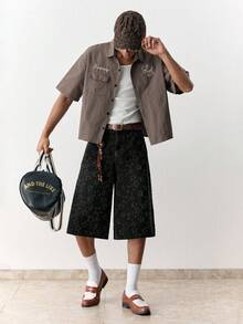 SWAVVY Men's Casual Plaid Letter Embroidery Short Sleeve Shirt, Summer - Brown - View 4