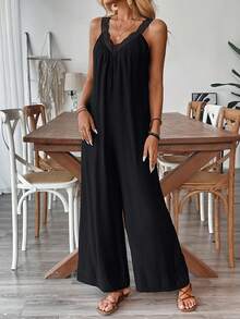 Breezaya 女式无袖 V 领花卉印花连体裤，度假风格 - 黑色 - 查看 5