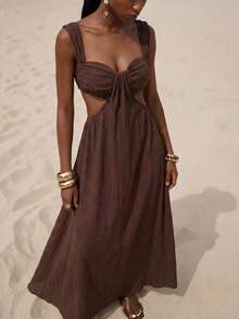 Zivah 2026春夏新品，适合情人节、音乐节、复活节、西部风、游牧风、波西米亚风、纳什维尔风格派对、婚礼、晚宴、约会、聚会、生日、大学、学生、日常穿着、百搭基础款、休闲、度假、邮轮旅行、海滩、日光浴、潮流、优雅、通勤、商务休闲等场合。方领高腰镂空前褶裥腰部竖纹面料长款连衣裙，春夏棕色长款连衣裙，休闲连衣裙，度假连衣裙，女装。 - 摩卡棕 - 查看 5