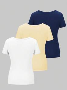 2026 Nuevo 3 piezas Camisetas de manga corta casuales y versátiles de unicolor con pliegues para mujer - Multicolor 10 - Ver 8