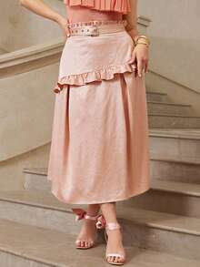 VOLUPTÉ CURVE Plus Size Summer Pink High Waist Textured Paneled A Line Ruffle Blush Tea Fabric Long Elegant Formal Skirt For Graduation Vacation Party - Baby Pink - View 6