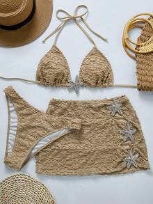 Swim Vcay Conjunto de bikini de 3 piezas para mujer de caliente en 2026: Traje de baño con cuello halter, falda de playa, estilo bohemio elegante y maduro, romántico y sexy para playa y club, primavera/verano, tela jacquard de alta calidad, decoración de estrella de mar plateada, conjunto de ropa de vacaciones para mujer, conjunto de ropa de fiesta de playa, conjunto de ropa de cumpleaños para dama, conjunto de ropa de sesión fotográfica de verano para mujer, conjunto de ropa con conchas marinas, conjunto de ropa de cumpleaños para dama, conjunto de 2 piezas para playa para mujer - Albaricoque - Ver 1